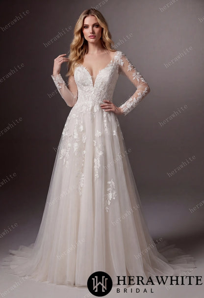 V-Neck Lace A-Line Wedding Gown With Long Sleeves — HW3644 — image 1