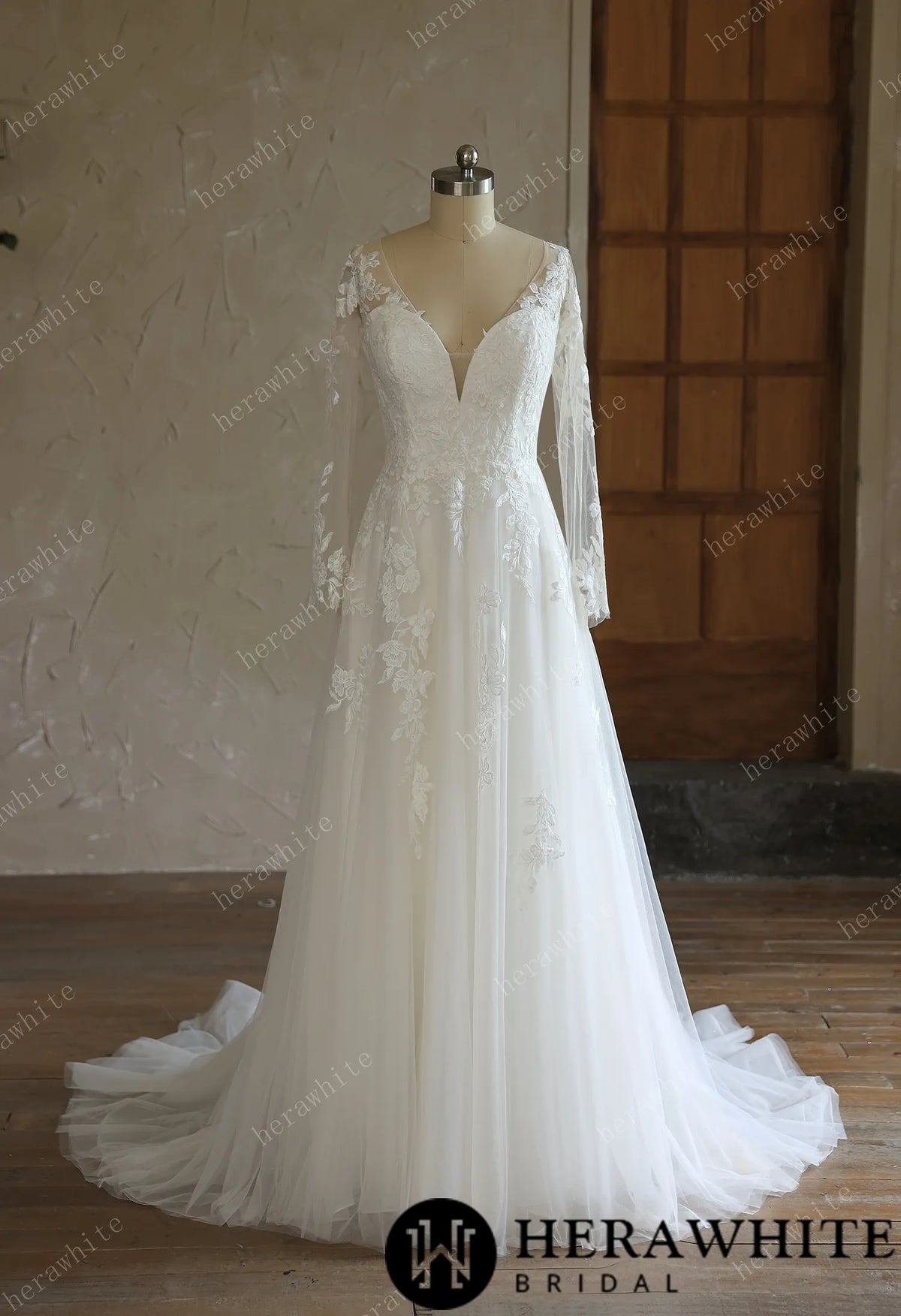 V-Neck Lace A-Line Wedding Gown With Long Sleeves — HW3644 — image 2