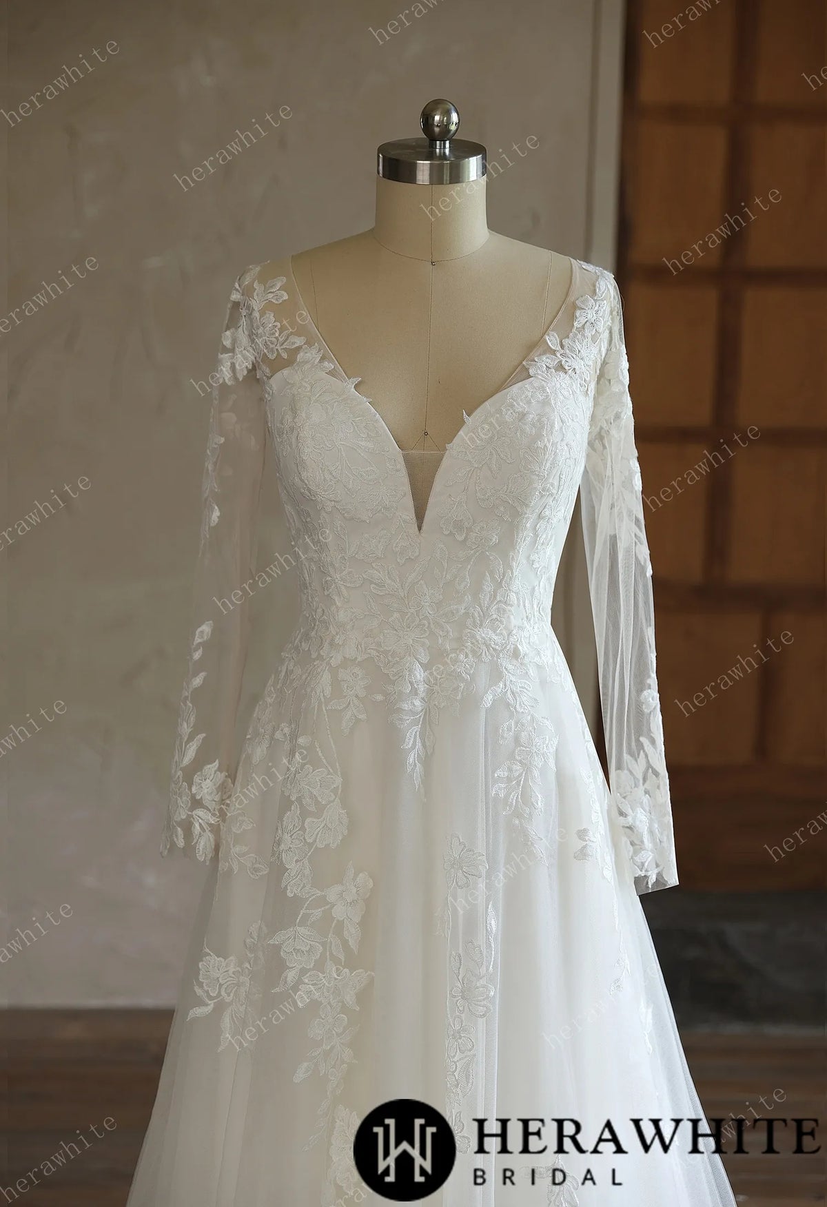 V-Neck Lace A-Line Wedding Gown With Long Sleeves — HW3644 — image 3