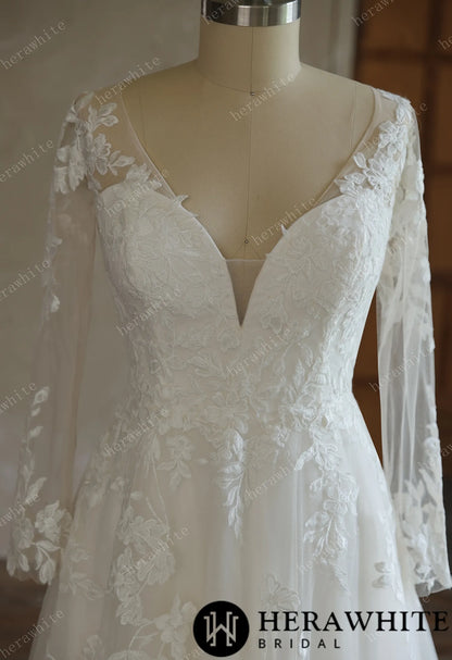 V-Neck Lace A-Line Wedding Gown With Long Sleeves — HW3644 — image 4