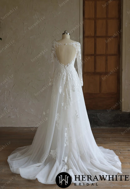 V-Neck Lace A-Line Wedding Gown With Long Sleeves — HW3644 — image 5