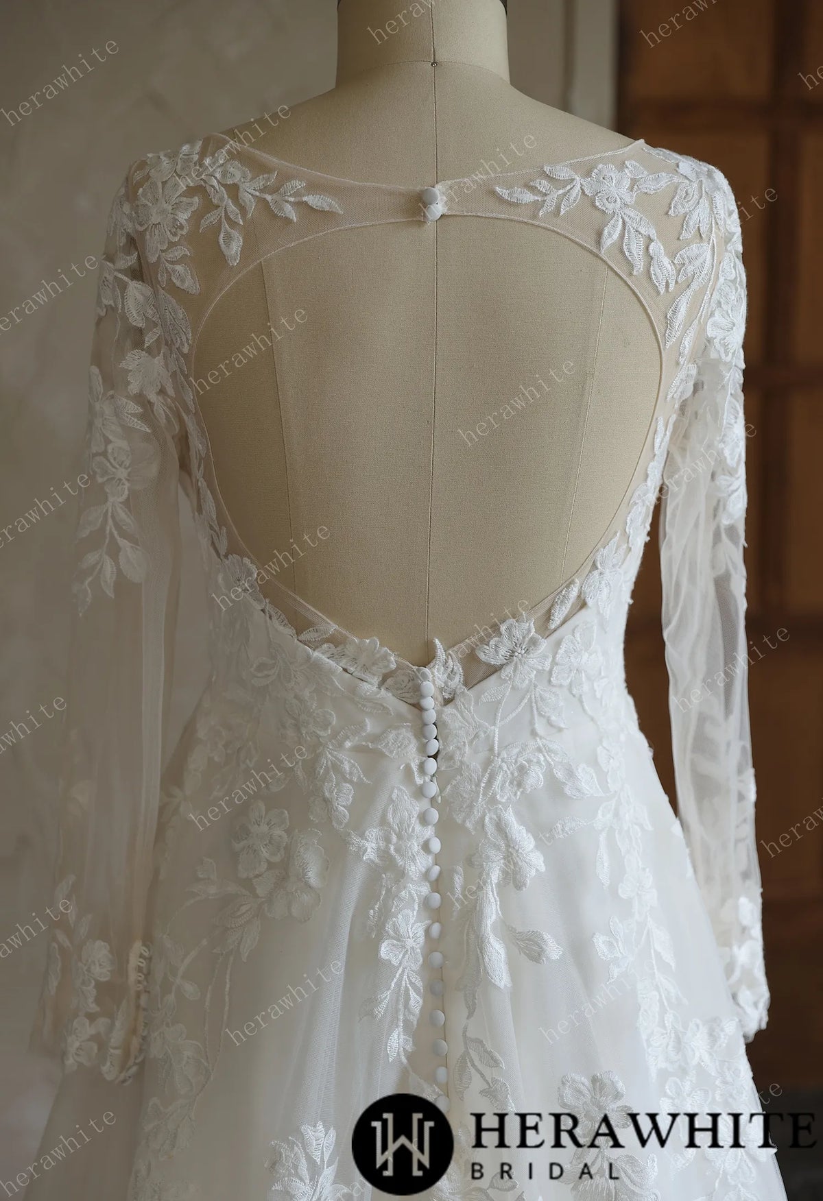 V-Neck Lace A-Line Wedding Gown With Long Sleeves — HW3644 — image 6