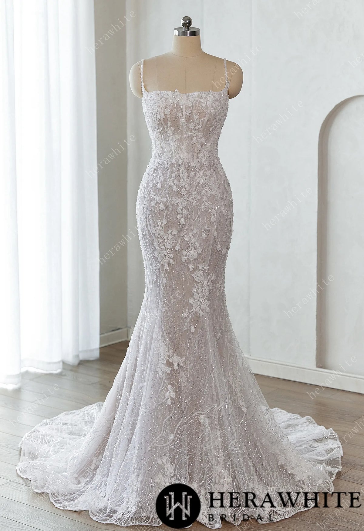 Lace-Embellished Scoop Neckline and Spaghetti Straps Fit and Flare Wedding Dress — HW3659 — image 1