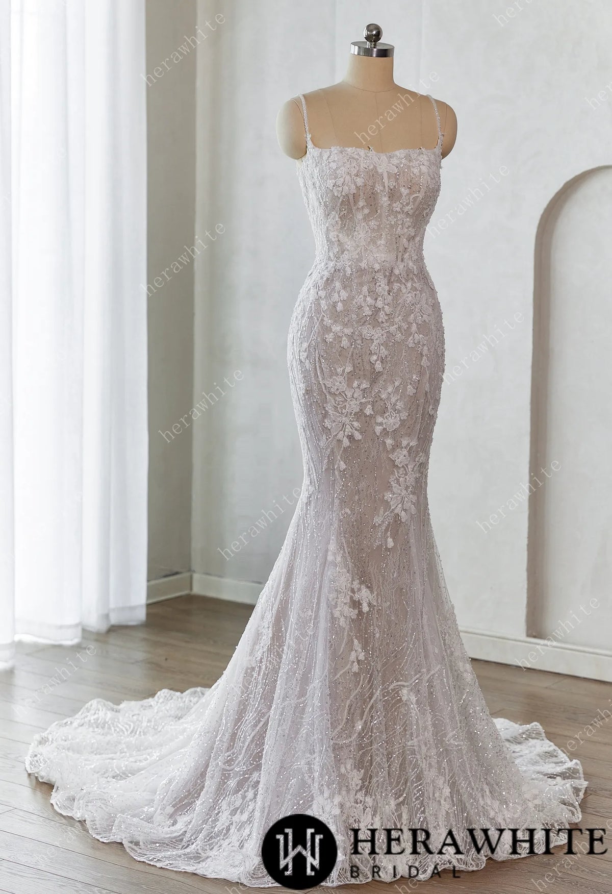 Lace-Embellished Scoop Neckline and Spaghetti Straps Fit and Flare Wedding Dress — HW3659 — image 2