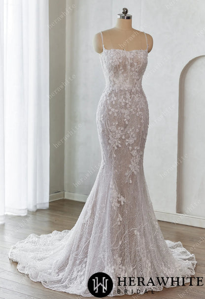 Lace-Embellished Scoop Neckline and Spaghetti Straps Fit and Flare Wedding Dress — HW3659 — image 2