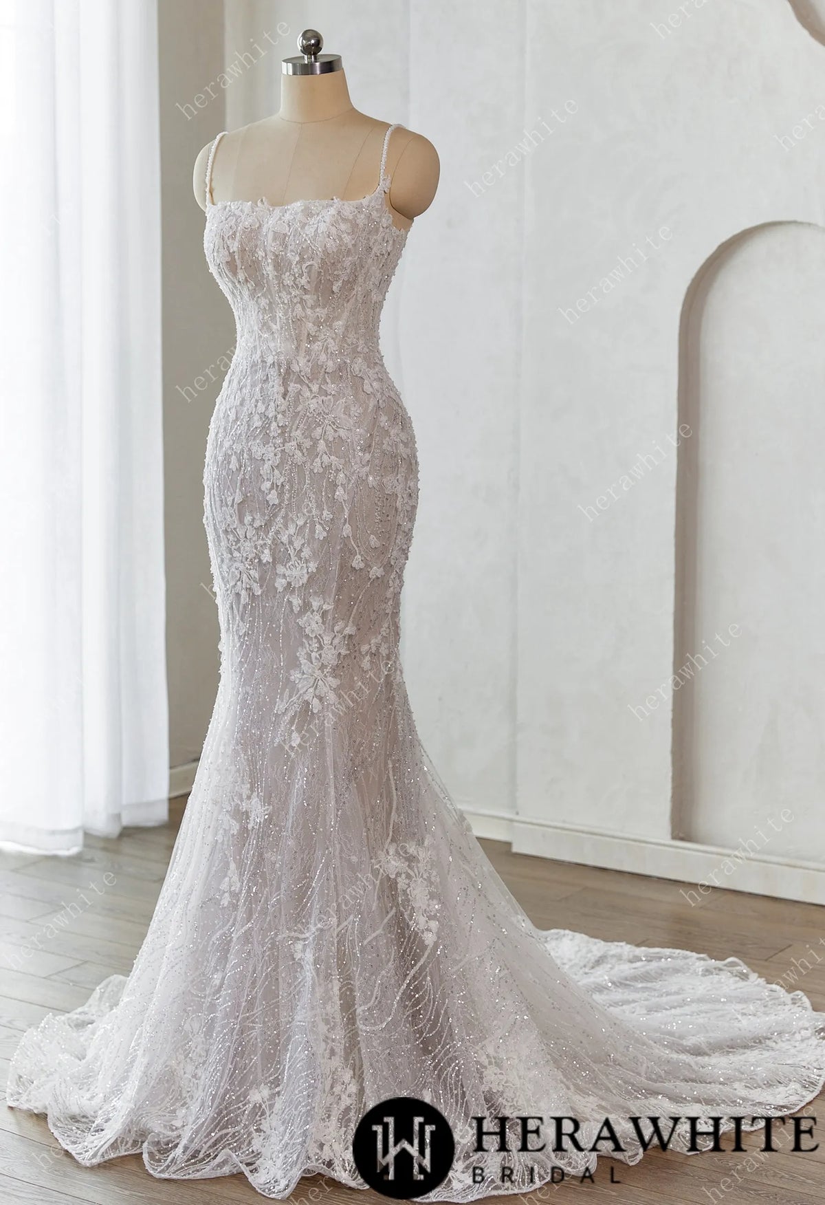 Lace-Embellished Scoop Neckline and Spaghetti Straps Fit and Flare Wedding Dress — HW3659 — image 3