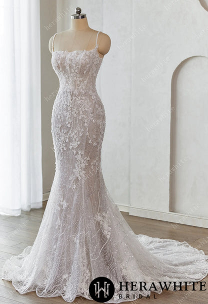 Lace-Embellished Scoop Neckline and Spaghetti Straps Fit and Flare Wedding Dress — HW3659 — image 3
