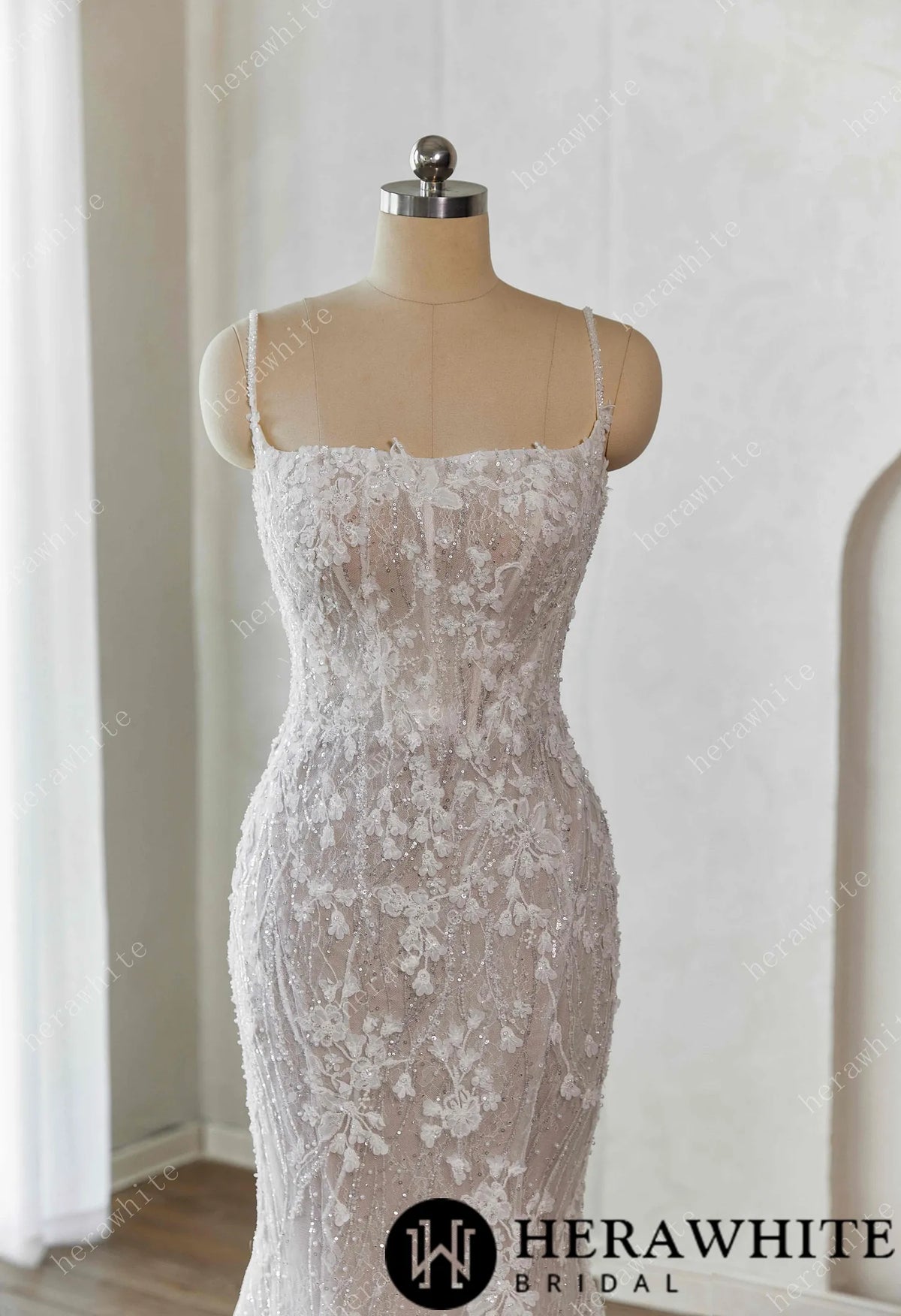 Lace-Embellished Scoop Neckline and Spaghetti Straps Fit and Flare Wedding Dress — HW3659 — image 4