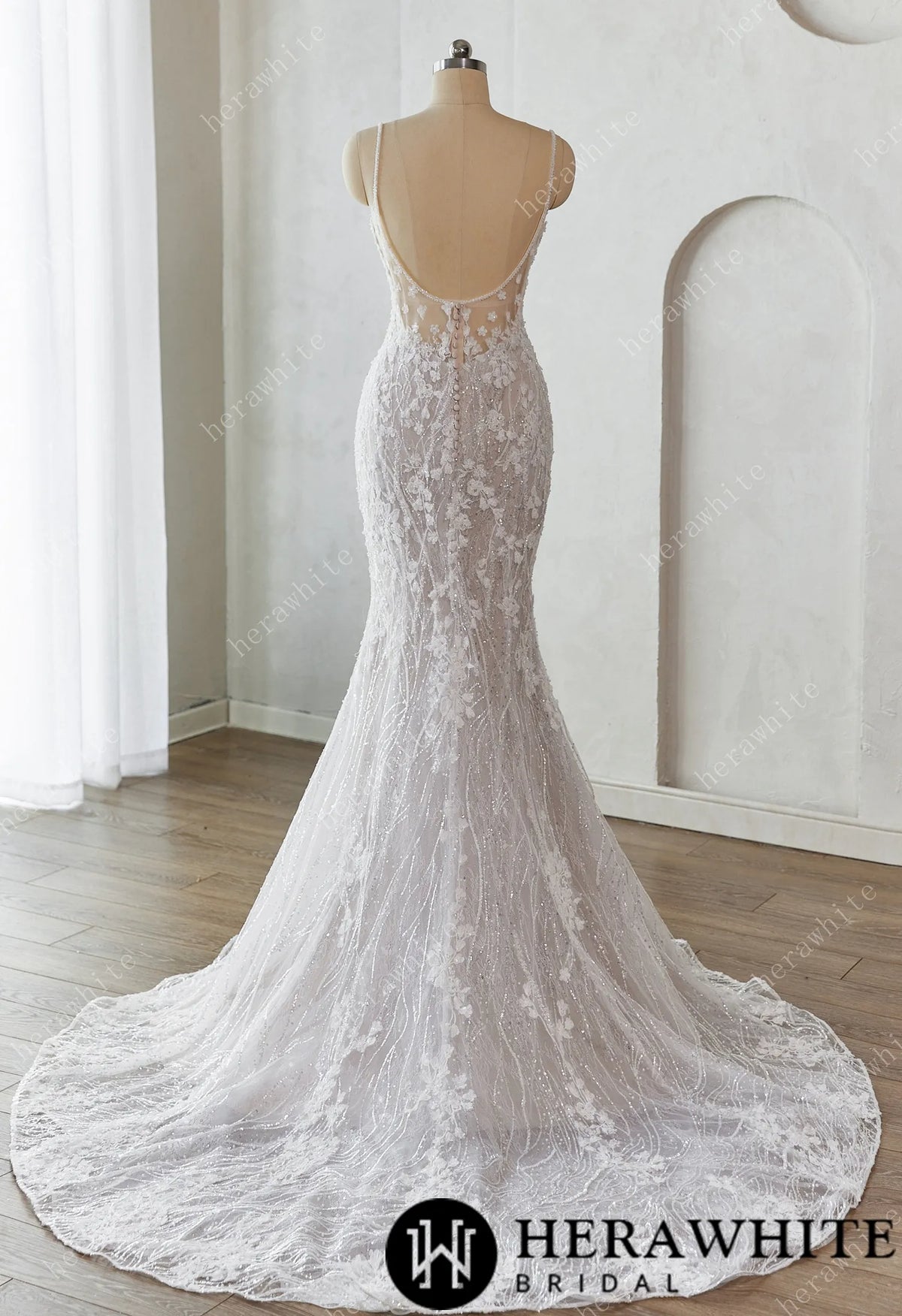Lace-Embellished Scoop Neckline and Spaghetti Straps Fit and Flare Wedding Dress — HW3659 — image 5