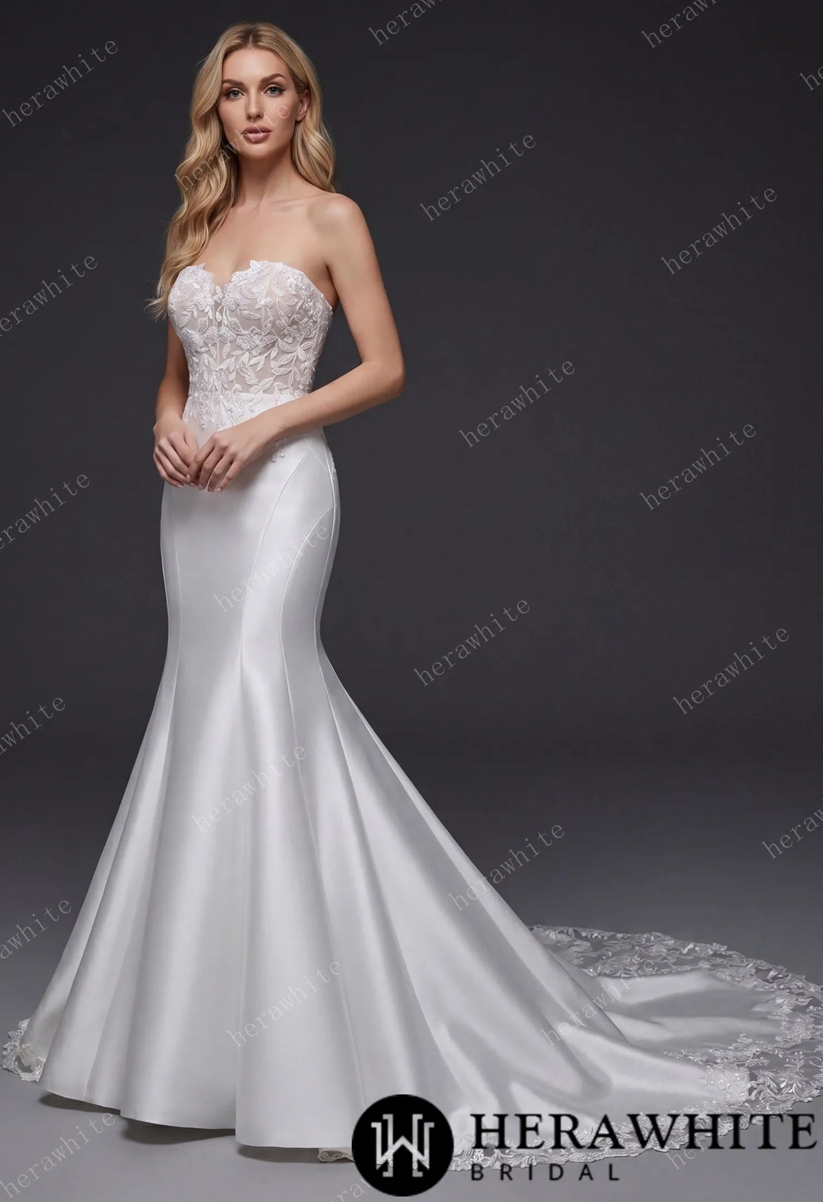 Satin Lace Mermaid Wedding Gown With Sweetheart Neckline — HW3664 — image 1