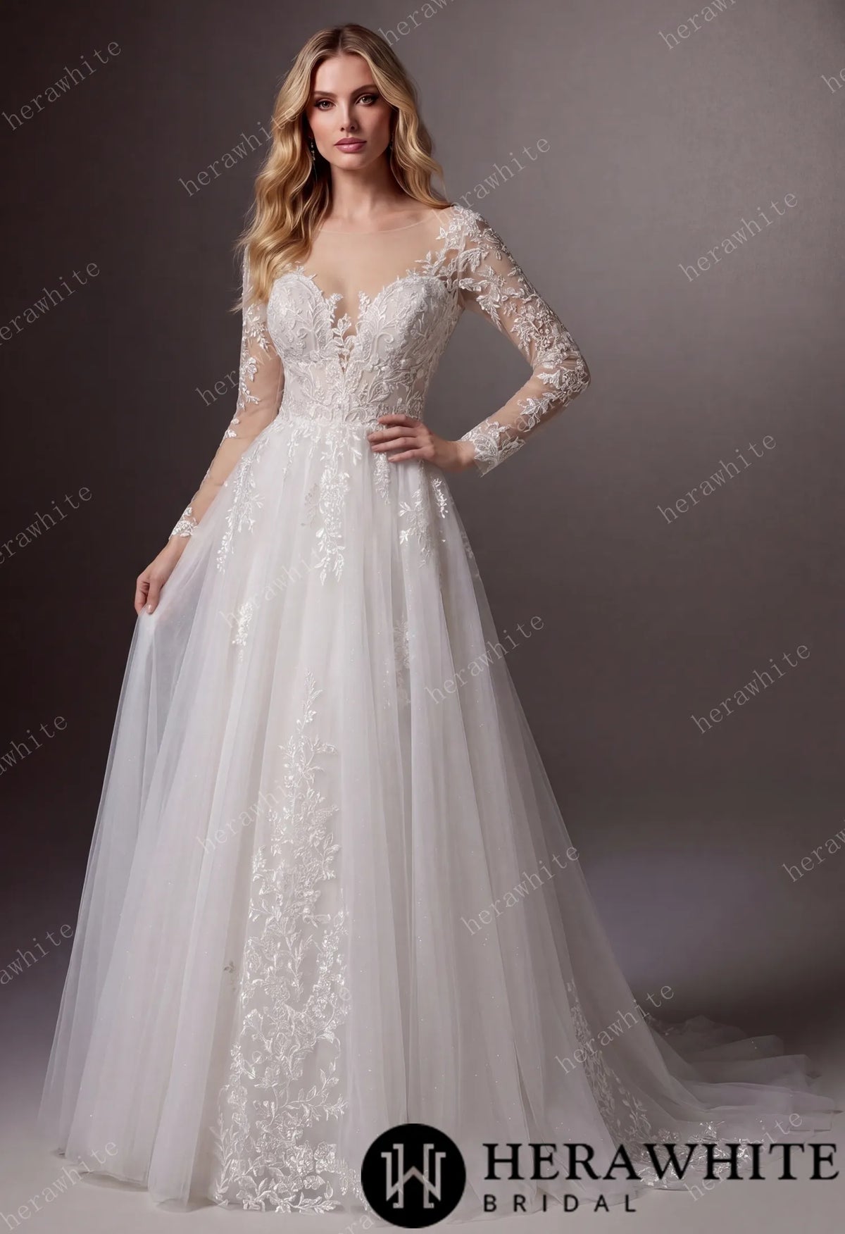 V-Neck Lace A-Line Wedding Gown With Illusion Long Sleeves — HW3666 — image 1