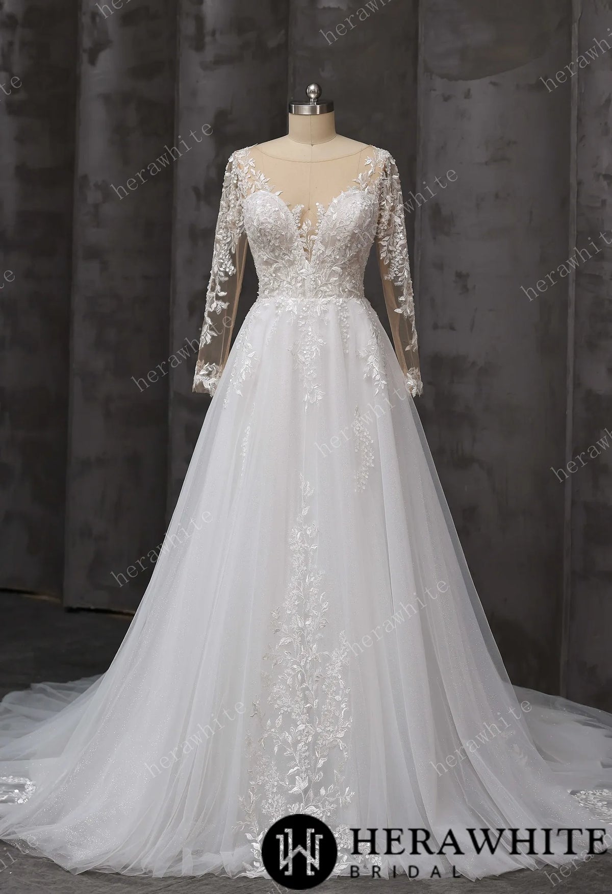 V-Neck Lace A-Line Wedding Gown With Illusion Long Sleeves — HW3666 — image 2