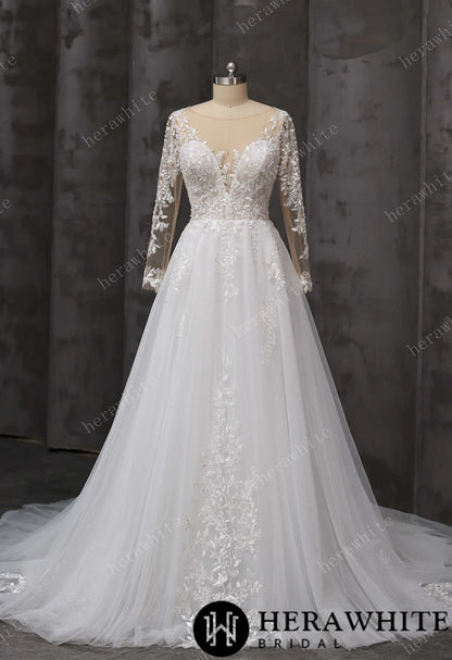 V-Neck Lace A-Line Wedding Gown With Illusion Long Sleeves — HW3666 — image 2