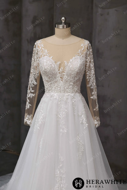 V-Neck Lace A-Line Wedding Gown With Illusion Long Sleeves — HW3666 — image 3