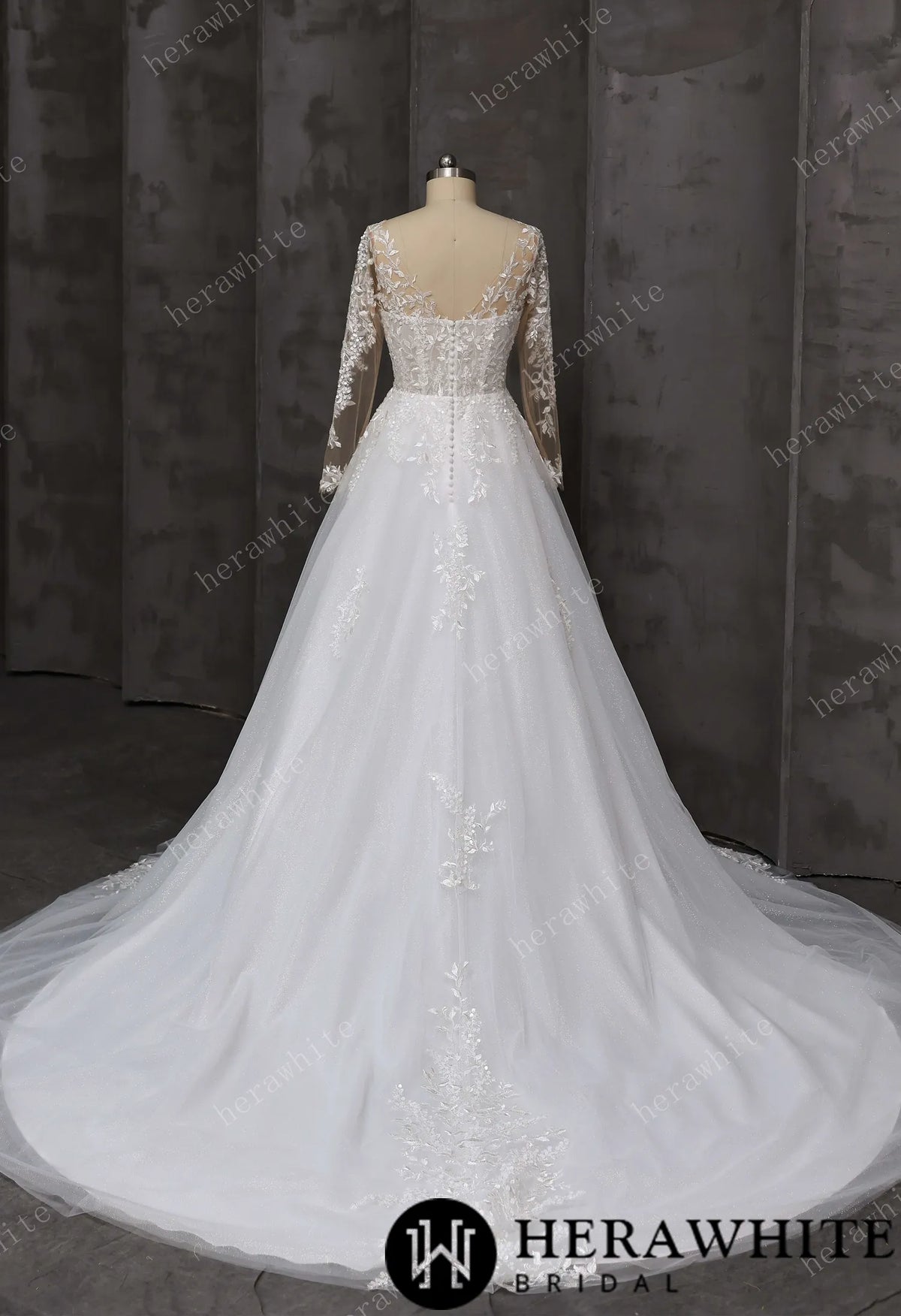 V-Neck Lace A-Line Wedding Gown With Illusion Long Sleeves — HW3666 — image 4
