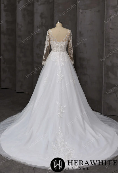 V-Neck Lace A-Line Wedding Gown With Illusion Long Sleeves — HW3666 — image 4