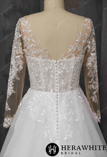V-Neck Lace A-Line Wedding Gown With Illusion Long Sleeves — HW3666 — image 5