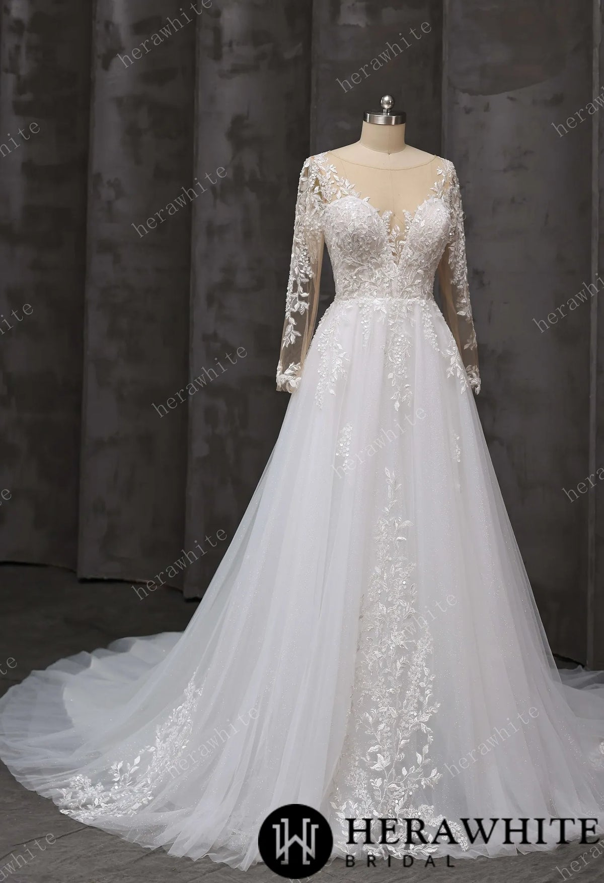 V-Neck Lace A-Line Wedding Gown With Illusion Long Sleeves — HW3666 — image 6