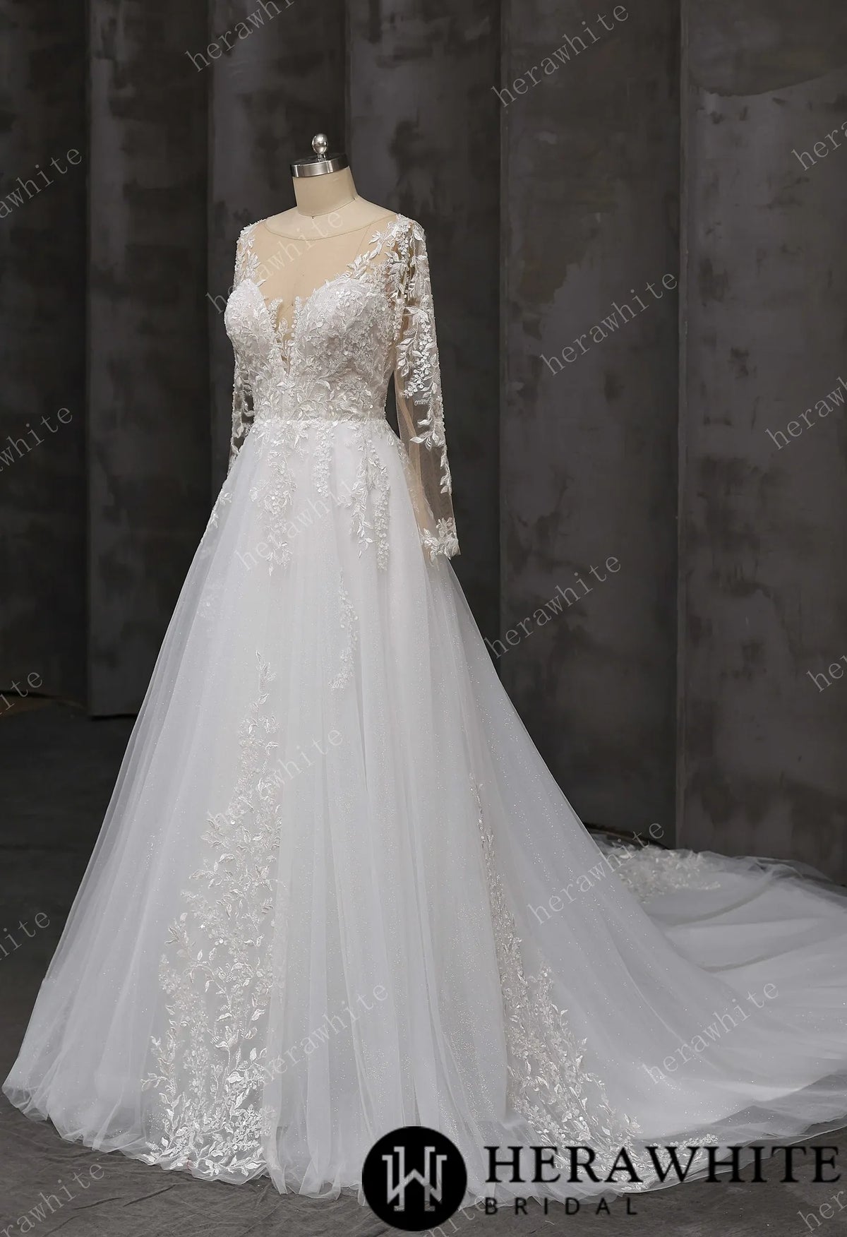 V-Neck Lace A-Line Wedding Gown With Illusion Long Sleeves — HW3666 — image 7