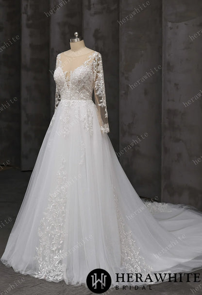 V-Neck Lace A-Line Wedding Gown With Illusion Long Sleeves — HW3666 — image 7