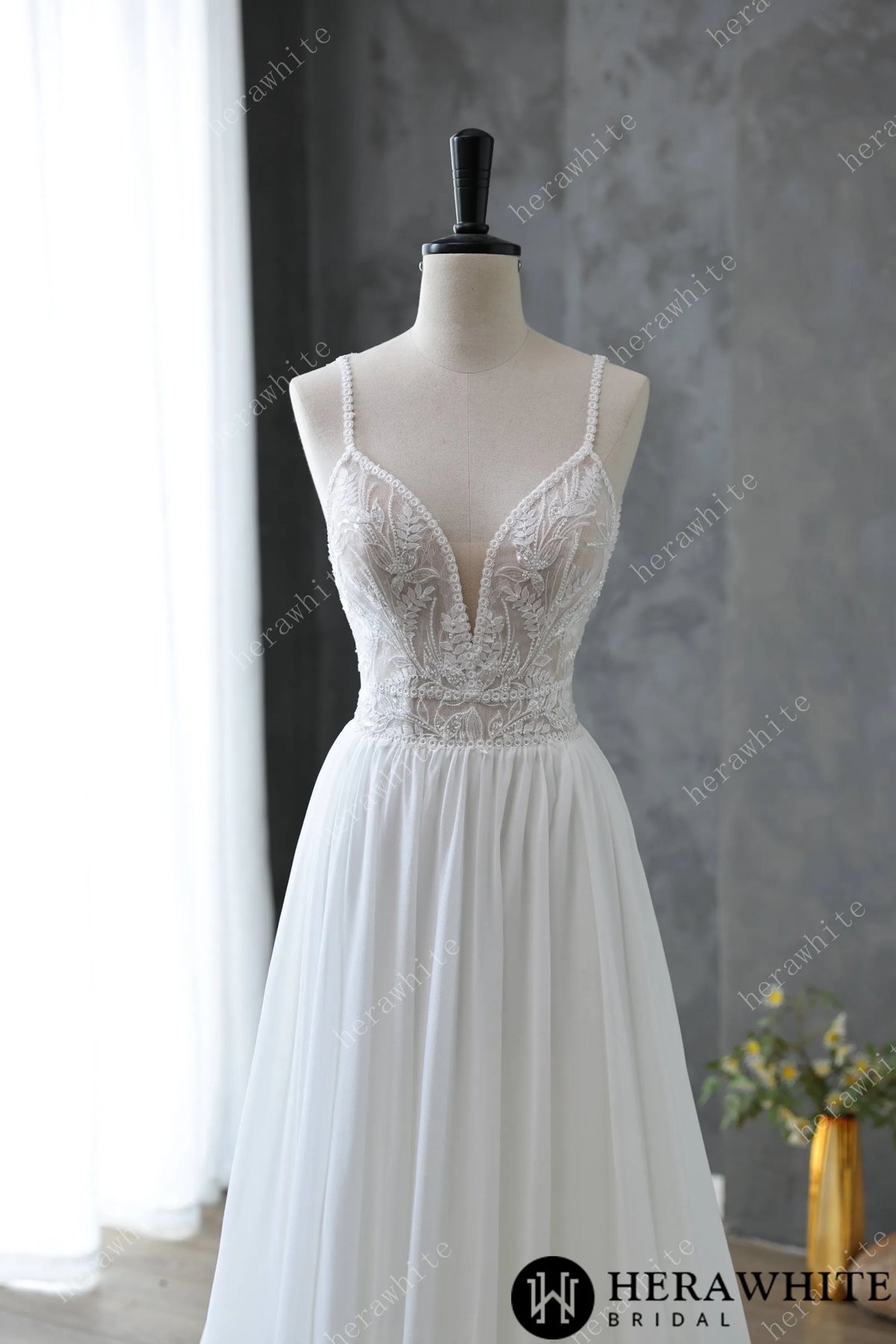 Spaghetti Strap Illusion Neckline with Flowing Chiffon Wedding Dress — HW3669 — image 2