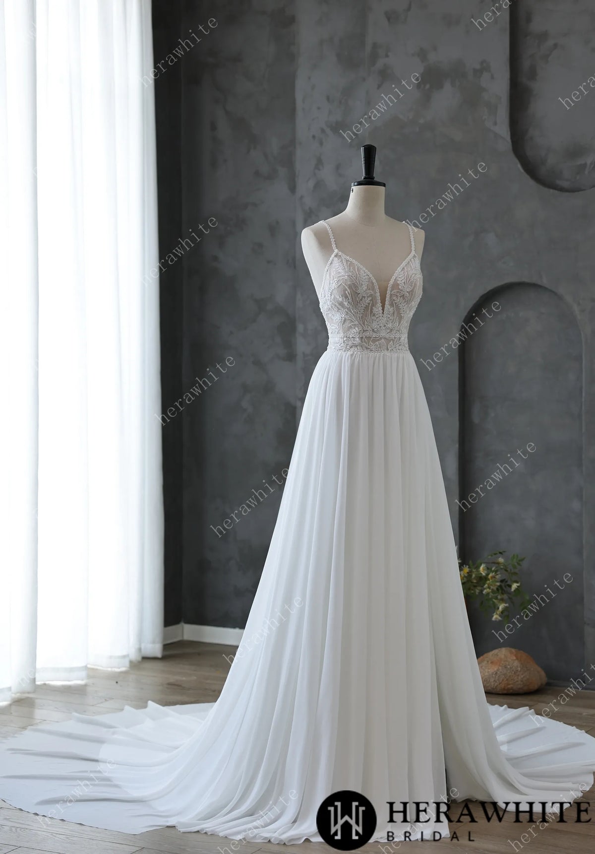 Spaghetti Strap Illusion Neckline with Flowing Chiffon Wedding Dress — HW3669 — image 4