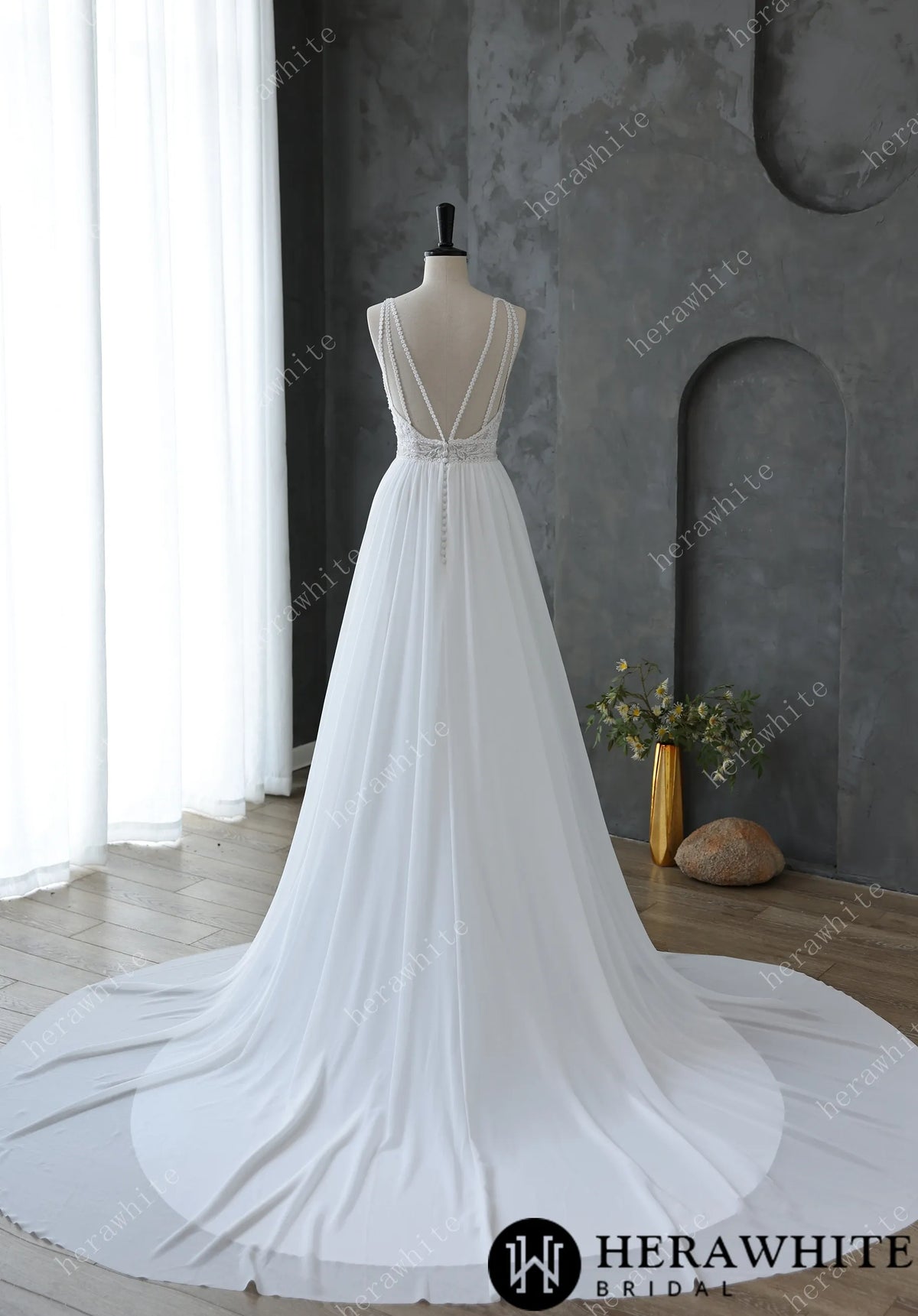 Spaghetti Strap Illusion Neckline with Flowing Chiffon Wedding Dress — HW3669 — image 5