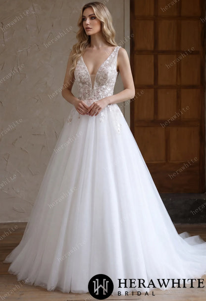 Colourful Lace Ball Gown With Plunging V-Neckline & Straps — HW3693 — image 1