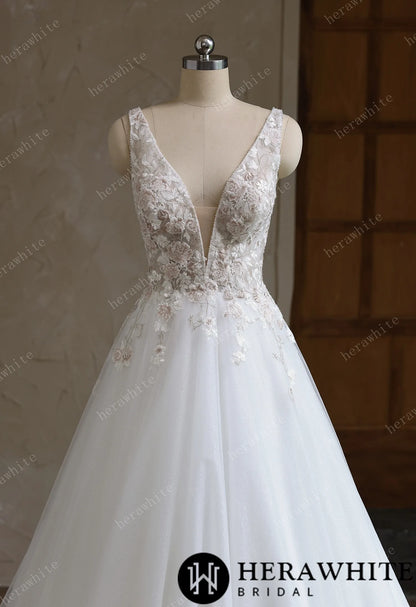Colourful Lace Ball Gown With Plunging V-Neckline & Straps — HW3693 — image 2