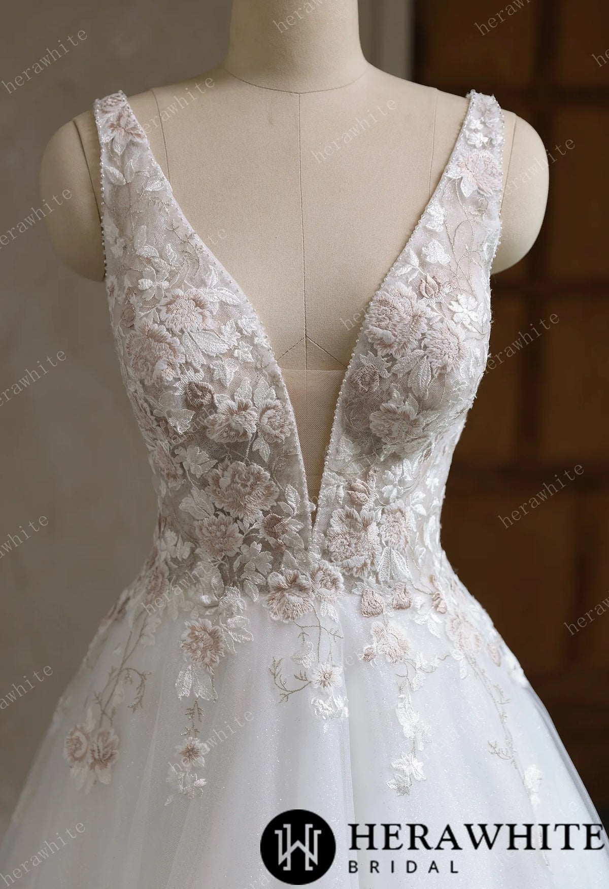 Colourful Lace Ball Gown With Plunging V-Neckline & Straps — HW3693 — image 3