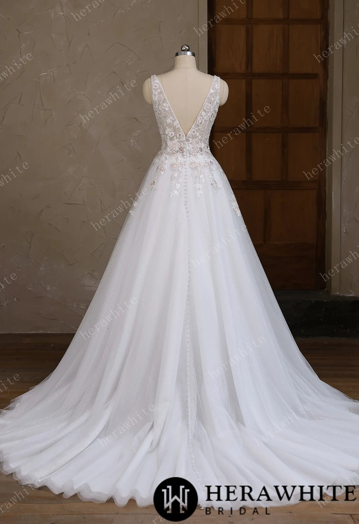 Colourful Lace Ball Gown With Plunging V-Neckline & Straps — HW3693 — image 4