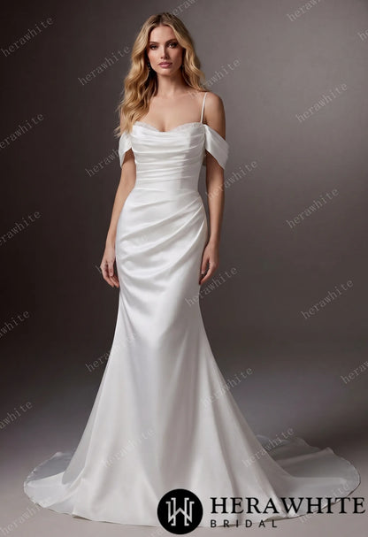 Draped Satin Fit-and-Flare Wedding Gown With Detachable Off-Shoulder Cape Sleeves & Beaded Neckline — HW3695 — image 1