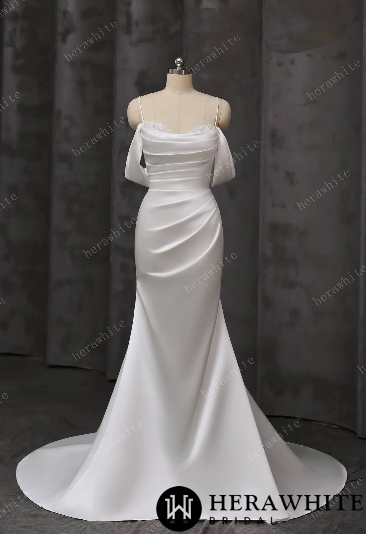 Draped Satin Fit-and-Flare Wedding Gown With Detachable Off-Shoulder Cape Sleeves & Beaded Neckline — HW3695 — image 2