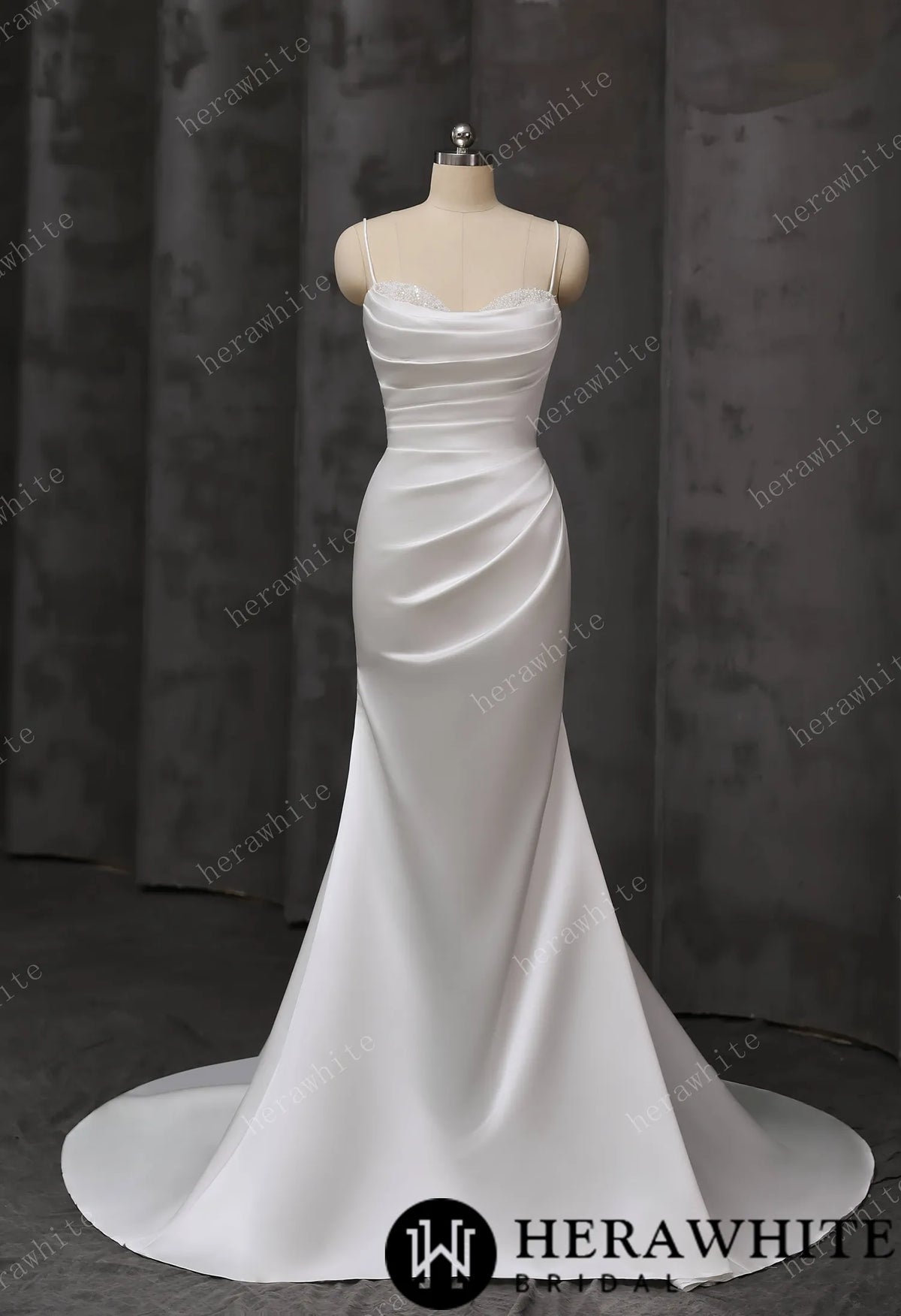 Draped Satin Fit-and-Flare Wedding Gown With Detachable Off-Shoulder Cape Sleeves & Beaded Neckline — HW3695 — image 3