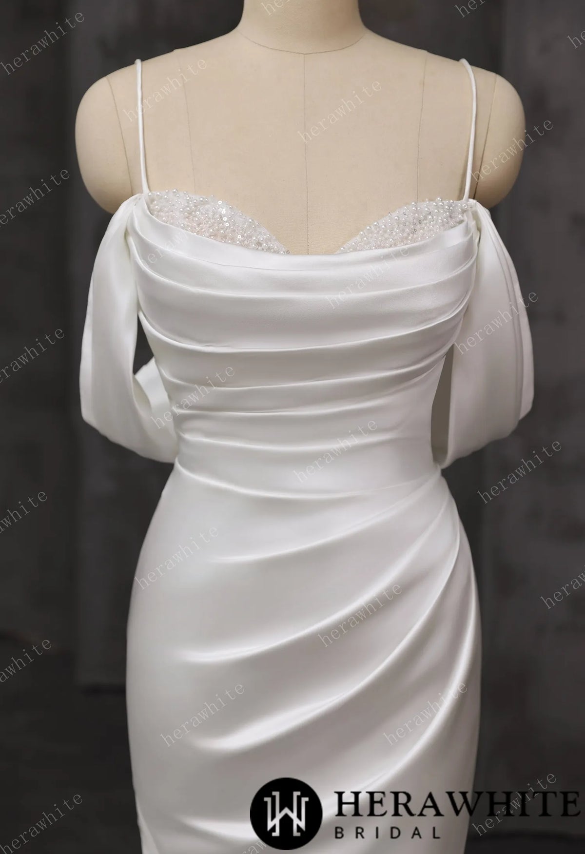 Draped Satin Fit-and-Flare Wedding Gown With Detachable Off-Shoulder Cape Sleeves & Beaded Neckline — HW3695 — image 4