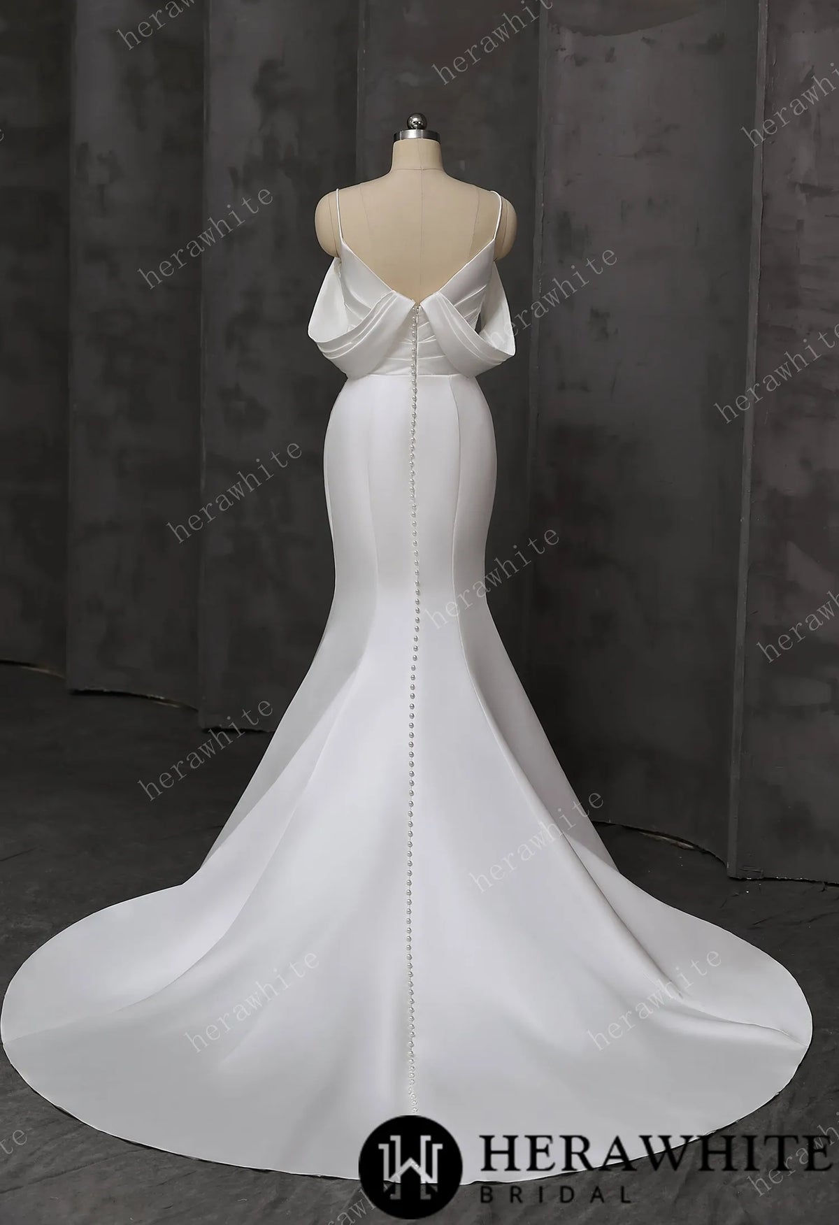Draped Satin Fit-and-Flare Wedding Gown With Detachable Off-Shoulder Cape Sleeves & Beaded Neckline — HW3695 — image 5