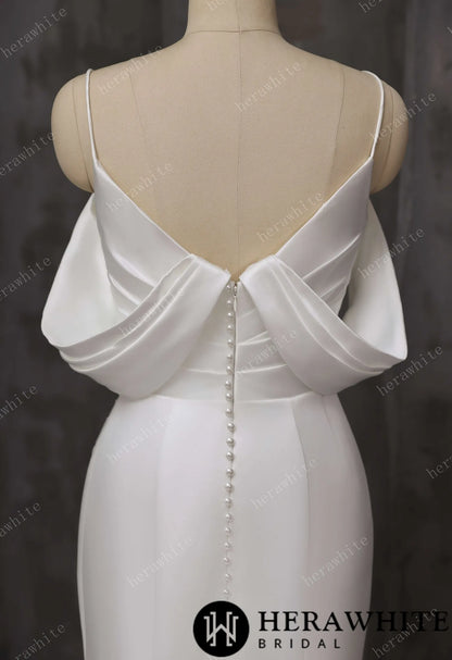 Draped Satin Fit-and-Flare Wedding Gown With Detachable Off-Shoulder Cape Sleeves & Beaded Neckline — HW3695 — image 6