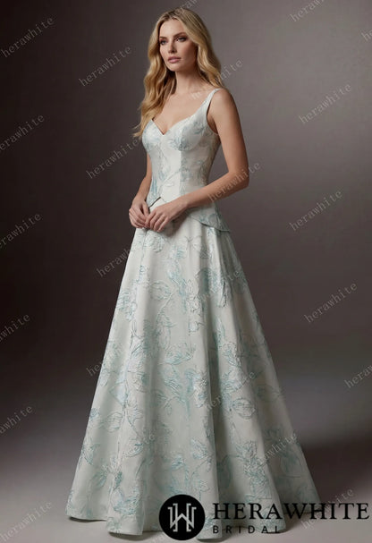 Mint Floral Jacquard A-Line Wedding Gown With V-Neckline & Peplum Waist Detail — HW3743 — image 2