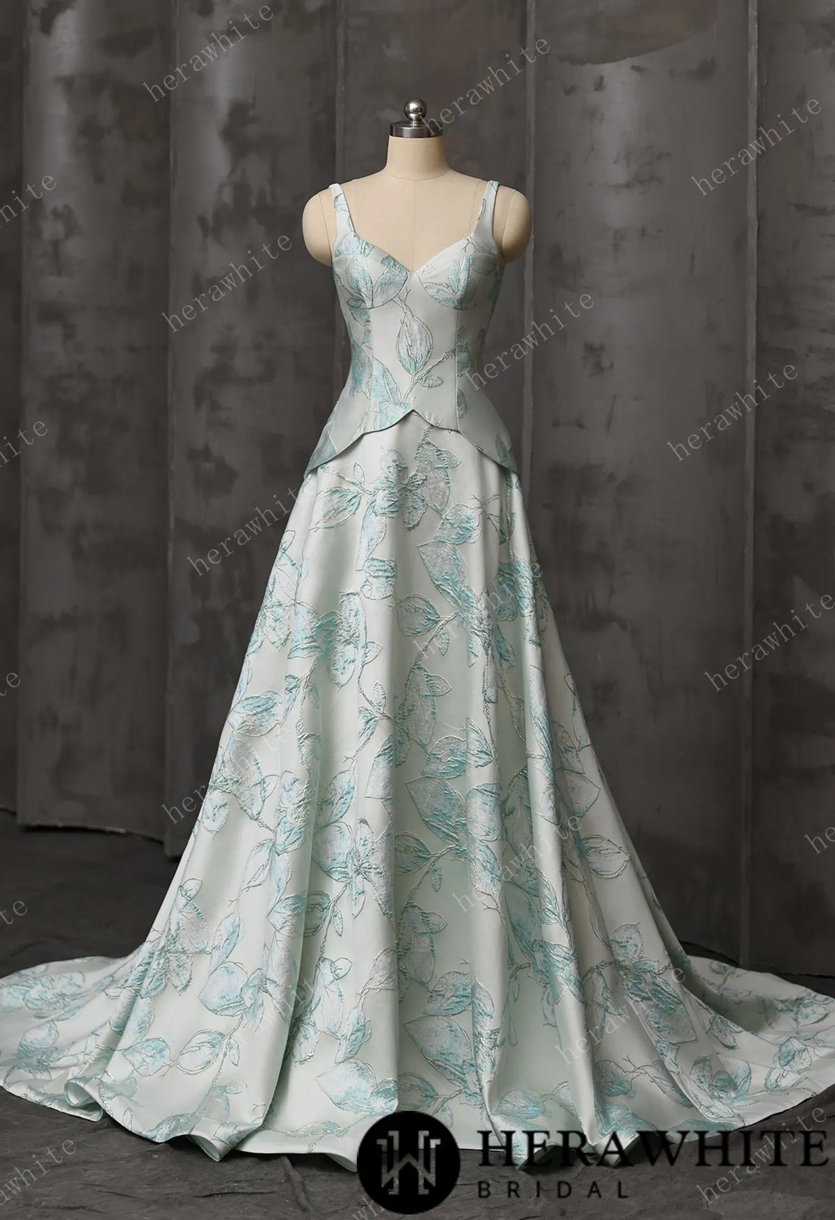 Mint Floral Jacquard A-Line Wedding Gown With V-Neckline & Peplum Waist Detail — HW3743 — image 3