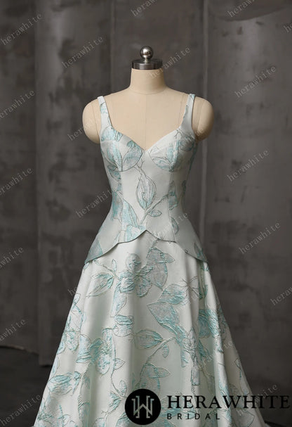 Mint Floral Jacquard A-Line Wedding Gown With V-Neckline & Peplum Waist Detail — HW3743 — image 4
