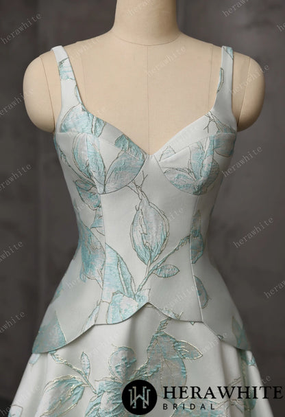 Mint Floral Jacquard A-Line Wedding Gown With V-Neckline & Peplum Waist Detail — HW3743 — image 5