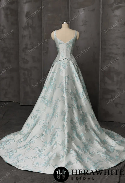 Mint Floral Jacquard A-Line Wedding Gown With V-Neckline & Peplum Waist Detail — HW3743 — image 6