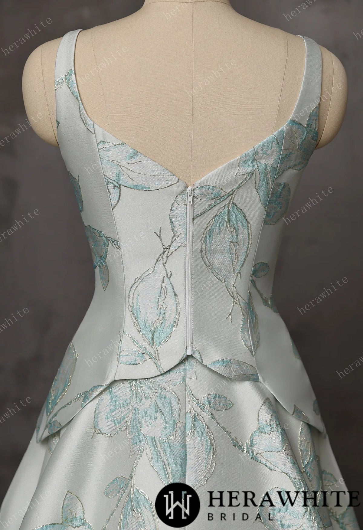 Mint Floral Jacquard A-Line Wedding Gown With V-Neckline & Peplum Waist Detail — HW3743 — image 7