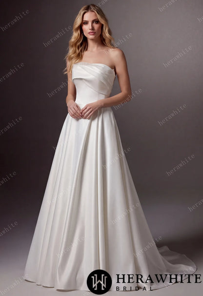 Strapless Draped Satin A-line Wedding Gown With Front Slit — HW3744 — image 1