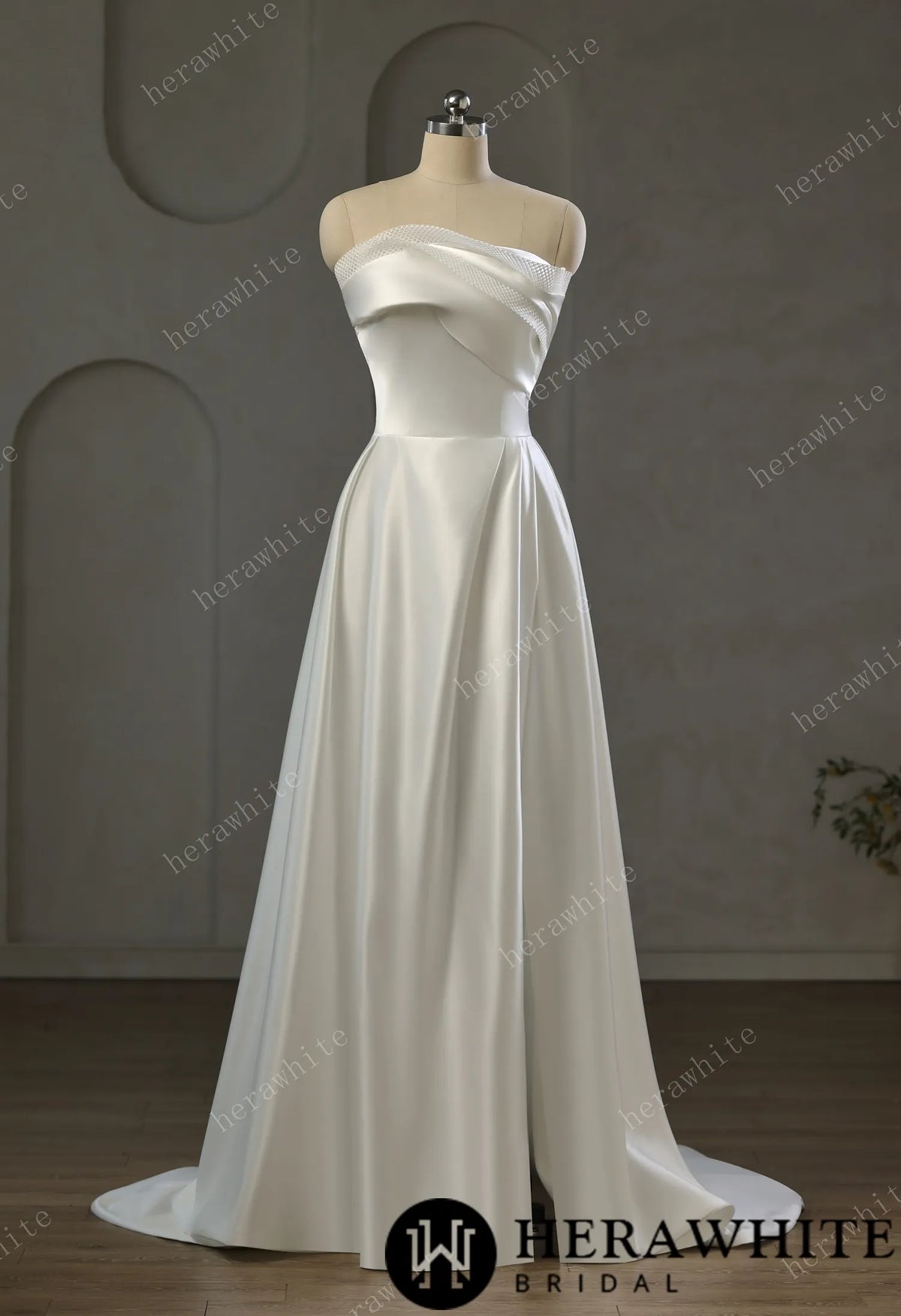 Strapless Draped Satin A-line Wedding Gown With Front Slit — HW3744 — image 2