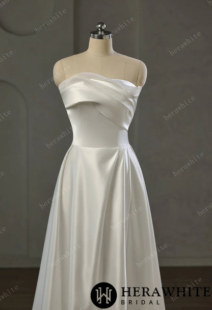 Strapless Draped Satin A-line Wedding Gown With Front Slit — HW3744 — image 3