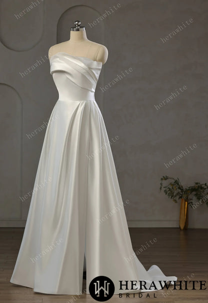 Strapless Draped Satin A-line Wedding Gown With Front Slit — HW3744 — image 7