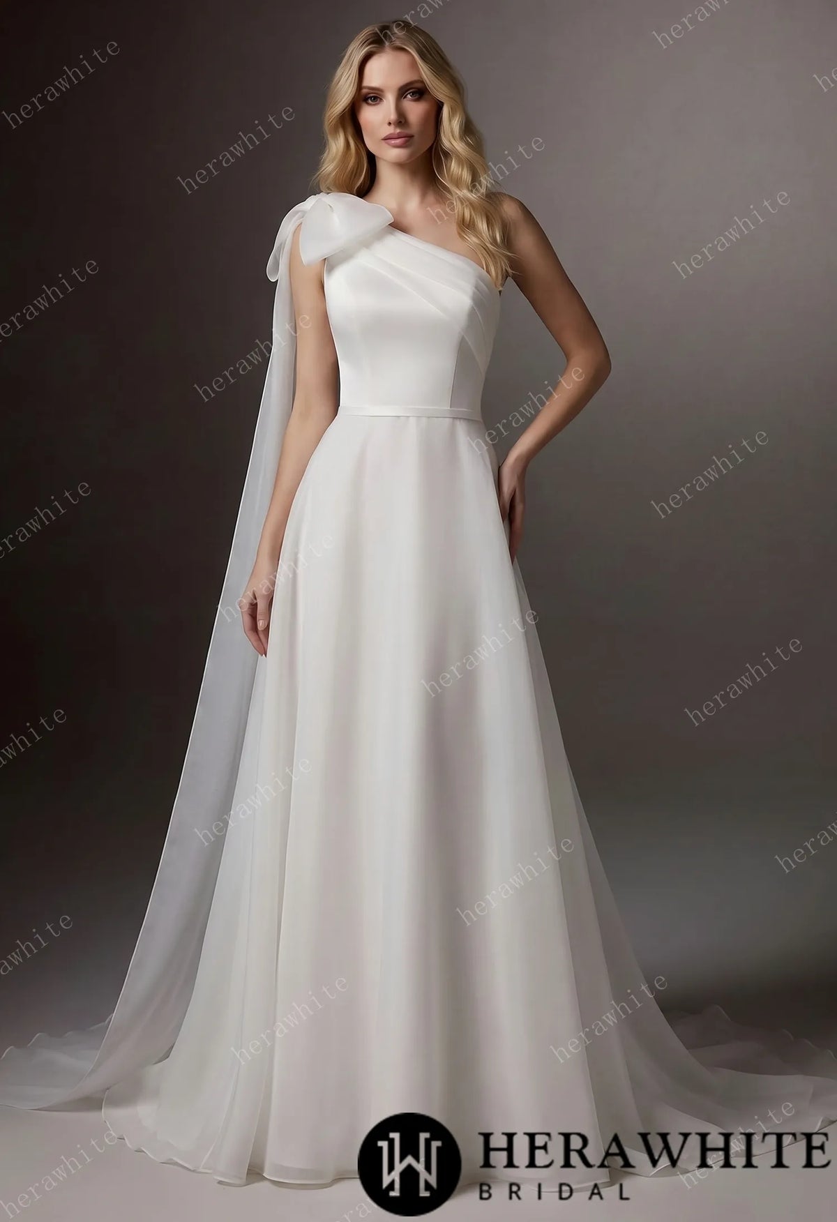 One-Shoulder Wrapped Satin Bodice Tulle A-line Wedding Gown With Shoulder Bow — HW3745 — image 1