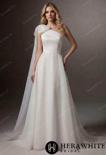 One-Shoulder Wrapped Satin Bodice Tulle A-line Wedding Gown With Shoulder Bow — HW3745 — image 1