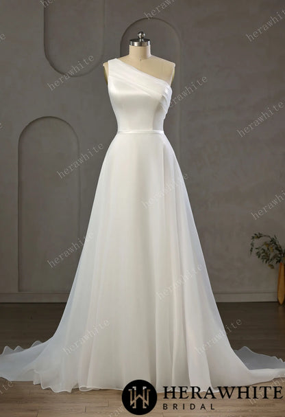 One-Shoulder Wrapped Satin Bodice Tulle A-line Wedding Gown With Shoulder Bow — HW3745 — image 3